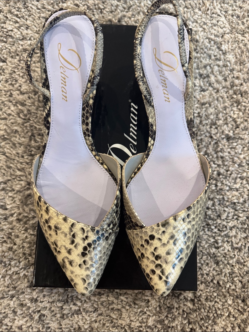 Delman Gold and Black Snake-Print Slingback Pointed Toe Heels